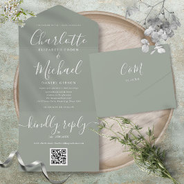Sage Green QR Code Skript Minimalistische Hochzeit All In One Einladung