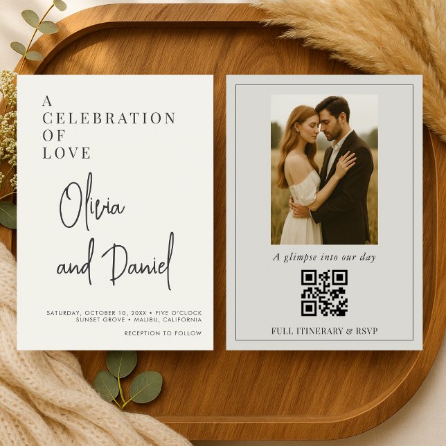 Sage Green QR Code Wedding Minimalist Script Photo Einladung (Von Creator hochgeladen)