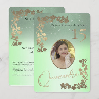 Sage Green Quince Gold Glitzer Foto Quinceanera Einladung