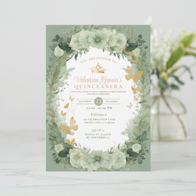 Sage Green Quinceañera 15 Anos Einladung (Stehend Vorderseite)