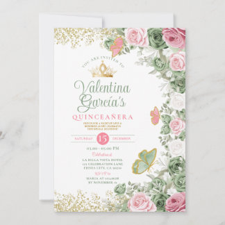 Sage Green Quinceañera 15 Anos Pink Blume Krone Einladung