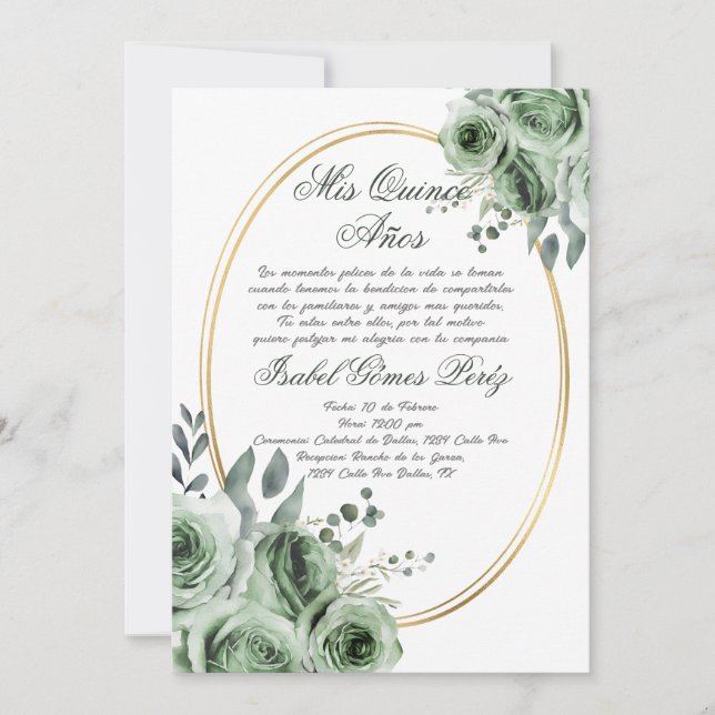 Sage green Quinceanera invitation en espagnol (Devant)