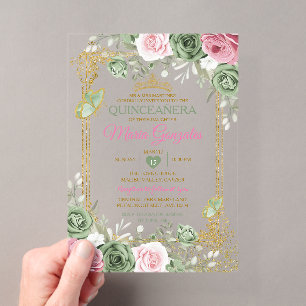 Sage Green Quinceañera Pink Gold Crown Butterfly Acryleinladungen