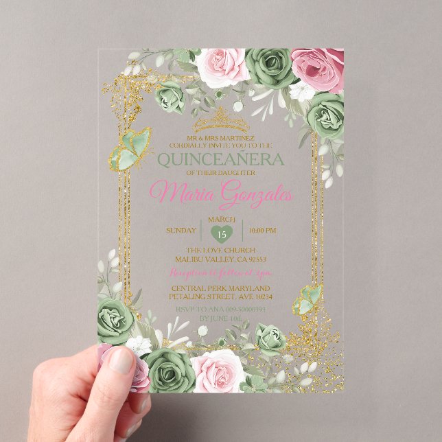 Sage Green Quinceañera Pink Gold Crown Butterfly Acryleinladungen (Insitu (Handheld))