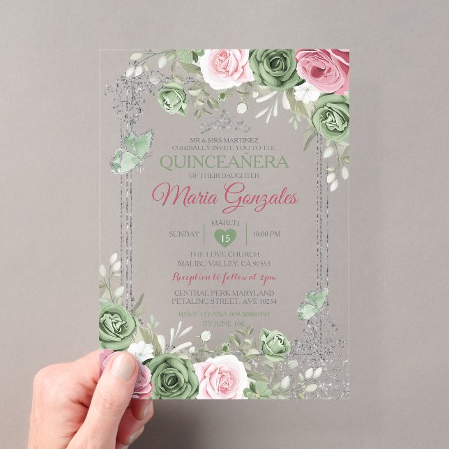 Sage Green Quinceañera Pink Silver Crown Butterfly Acryleinladungen (Insitu (Handheld))