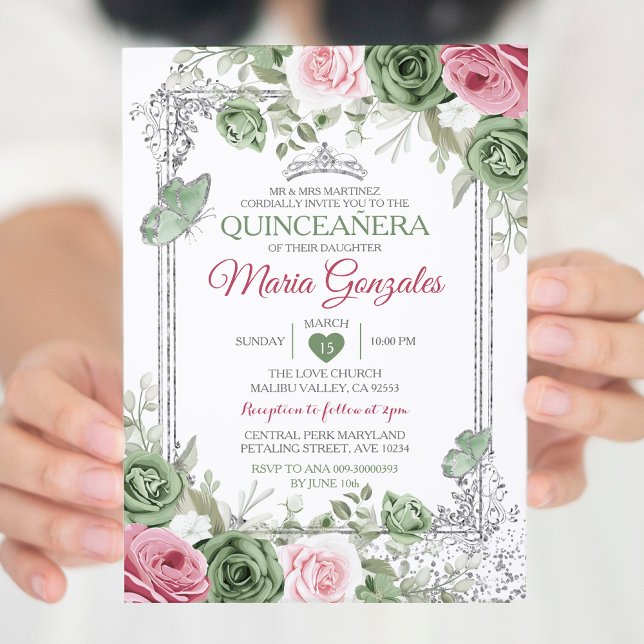 Sage Green Quinceañera Pink Silver Crown Butterfly Einladung (Von Creator hochgeladen)