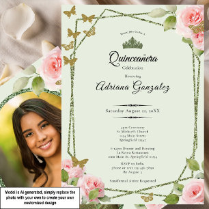 Sage Green Quinceanera Rosa Rosen Gold Schmetterli Einladung