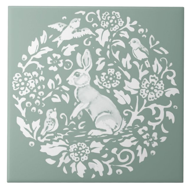 Sage Green Rabbit Bunny Circular Pattern Einzigart Fliese (Vorderseite)