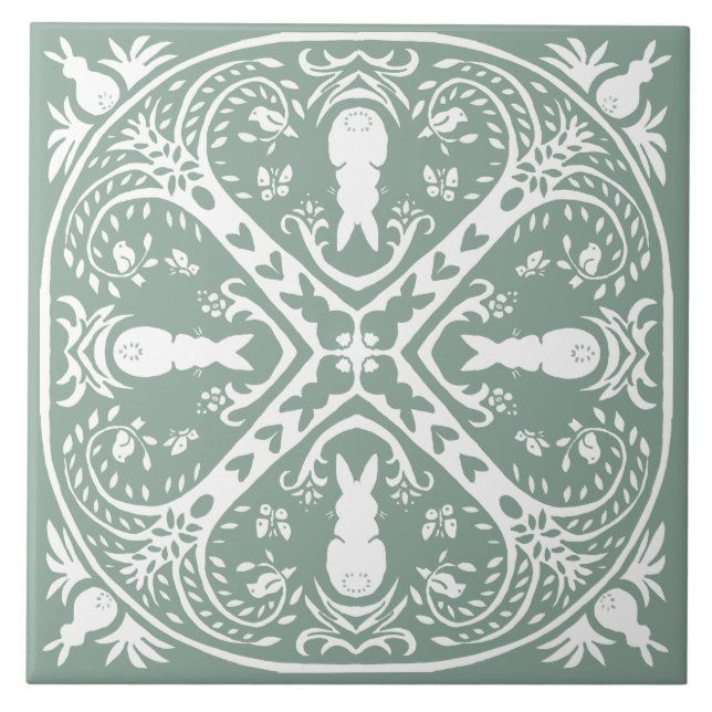 Sage Green Rabbit Intricate Bunny Pattern Einzigar Fliese (Vorderseite)