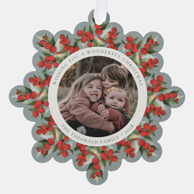 Sage Green Red Berries+Greenery Christmas Paper Ornament Karte (Vorderseite)