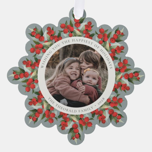 Sage Green Red Berries+Greenery Holiday Paper Ornament Karte (Vorderseite)