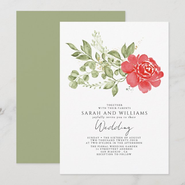 Sage Green Red Floral Boho Wedding Einladung (Vorne/Hinten)