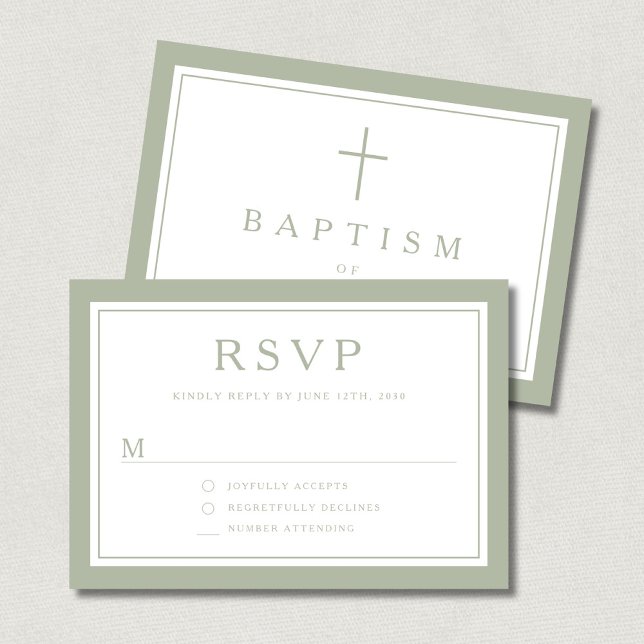 Sage Green Religious Cross Boy Baptism  RSVP Karte (Sage Green Religious Cross Boy Baptism RSVP Card)
