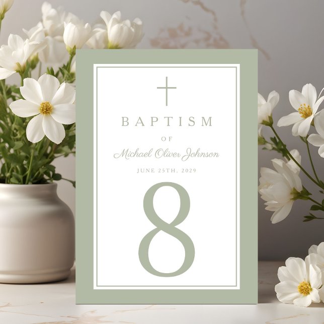 Sage Green Religious Cross Boy Baptism Tischnummer (Sage Green Religious Cross Boy Baptism Table Number)