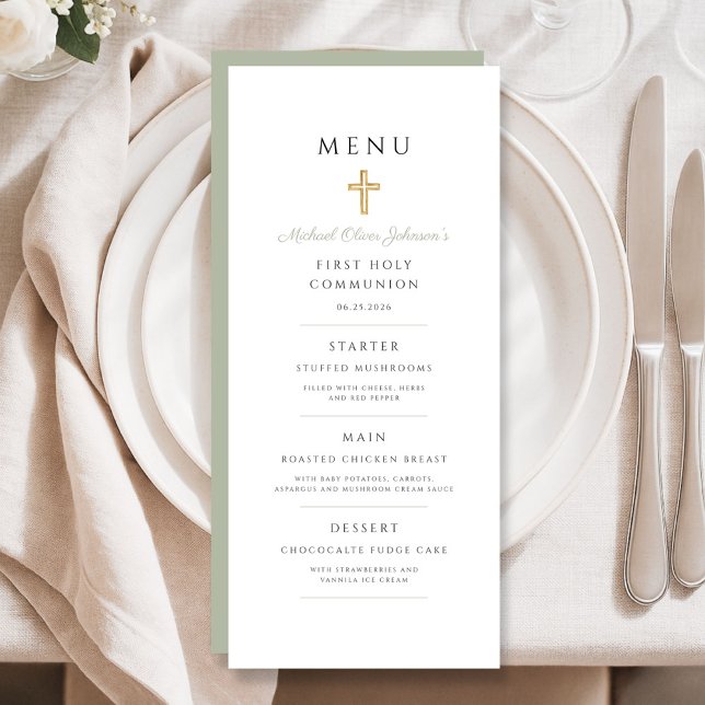 Sage Green Religious Cross Boy First Communion Menükarte (Sage Green Religious Cross Boy First Communion Menu)