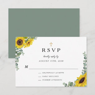 Sage Green Religious Cross Sunflower Wedding RSVP Karte