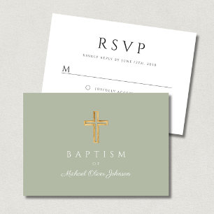 Sage Green Religious Wood Cross Taufe RSVP Karte