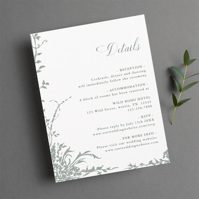 Sage Green Romantic Floral Garden Wedding Details Begleitkarte (Von Creator hochgeladen)