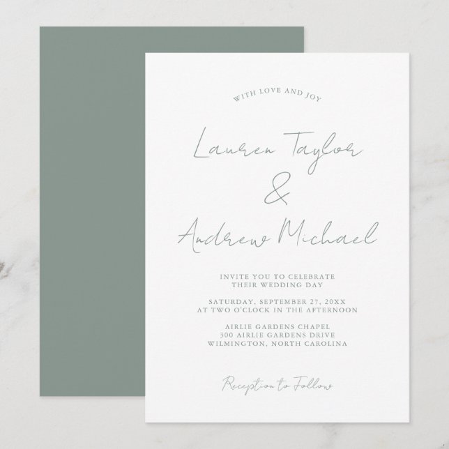 Sage Green Romantic Modern Wedding Einladung (Vorne/Hinten)