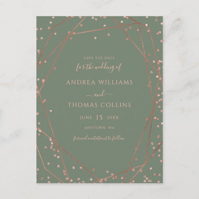 Sage Green Rose Gold Geometrie Ankündigungspostkarte (Vorderseite)