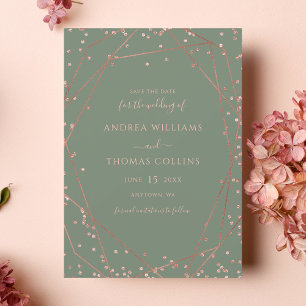 Sage Green Rose Gold Glitzer Geometric Wedding Save The Date