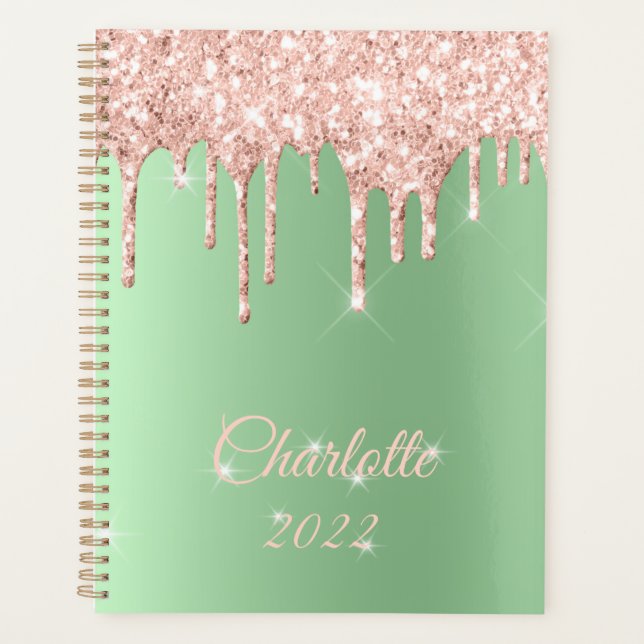 Sage Green Rose Gold Tropfen Glitzer Sparkone Mono Planer (Vorderseite)