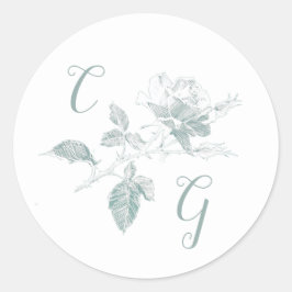 Sage Green Rose Line Art Monogram Wedding Runder Aufkleber