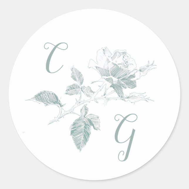Sage Green Rose Line Art Monogram Wedding Runder Aufkleber (Vorderseite)