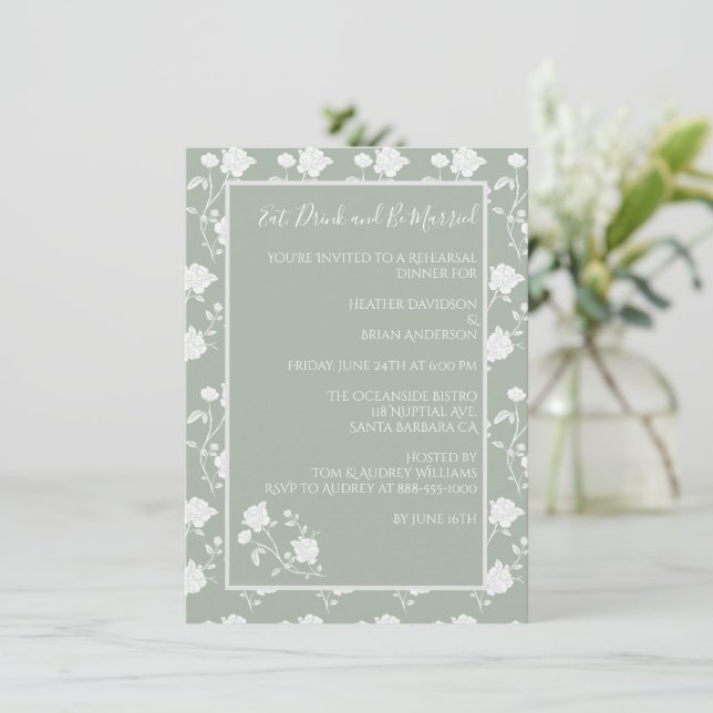 Sage Green Rose Probe Dinner Einladung (Stehend Vorderseite)