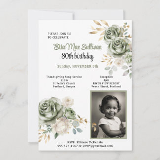 Sage green Roses gold leaves 80th birthday Photo  Einladung