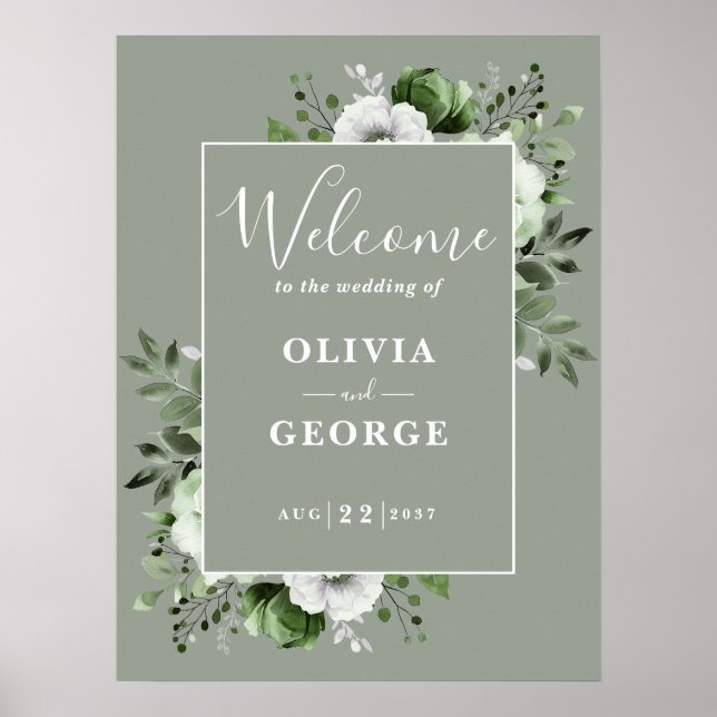 Sage Green Rustic Boho Floral Wedding Willkommensz Poster (Vorne)