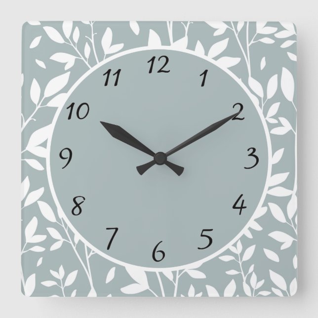 Sage Green Rustic Floral Blätter Bauernhof Quadratische Wanduhr (Vorderseite)