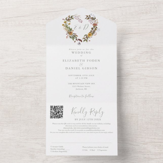 Sage Green Rustic Floral QR Code Hochzeit All In One Einladung (Innen Boden)