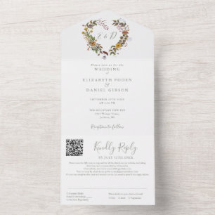 Sage Green Rustic Floral QR Code Hochzeit All In One Einladung