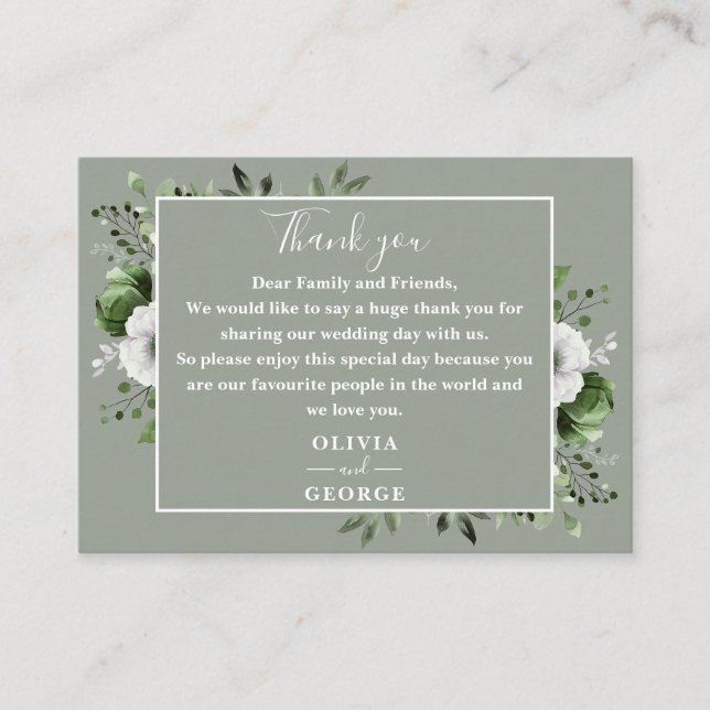 Sage Green Rustic Floral Wedding Vielen Dank Platzkarte (Vorderseite)