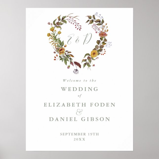 Sage Green Rustic Floral Wedding Willkommenszeiche Poster (Vorne)