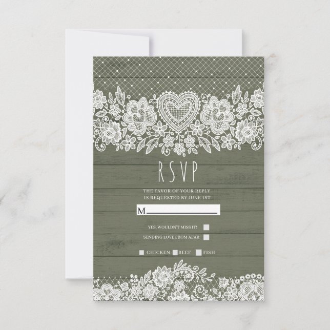 Sage Green Rustic Holz Spitzen Bauernhof Hochzeit  RSVP Karte (Vorderseite)