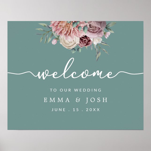 Sage Green Rustic Pink Floral Wedding Welcome Sign Poster (Vorne)