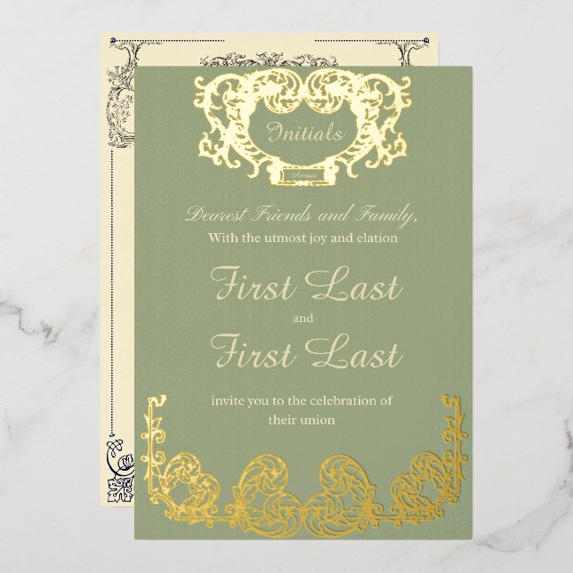 Sage Green Rustic Royal Mariage Foil Invitation (Recto/Verso)