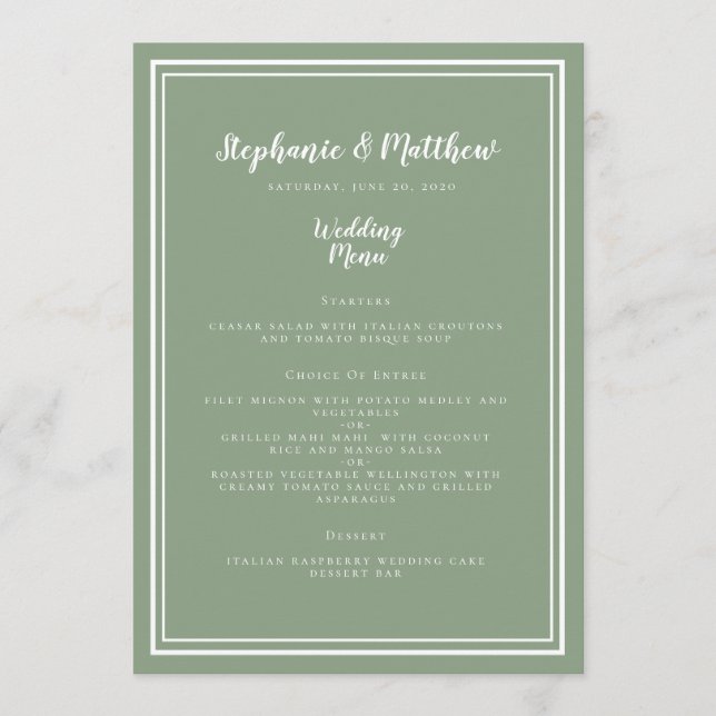 Sage Green Rustic Wedding Simple Modern Dinner Menükarte (Vorderseite)