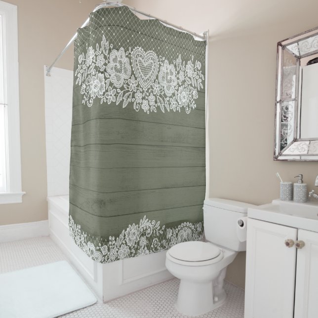 Sage Green Rustic Wood & White Lace Lacy Bauernhof Duschvorhang (Beispiel)