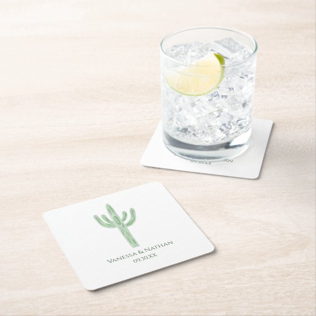 Sage Green Saguaro Cactus Wedding Cocktail Hour Rechteckiger Pappuntersetzer (Vor Ort)