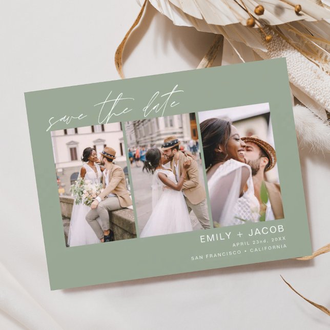 Sage Green Save the Date 3 Foto Elegante Postkarte (Von Creator hochgeladen)