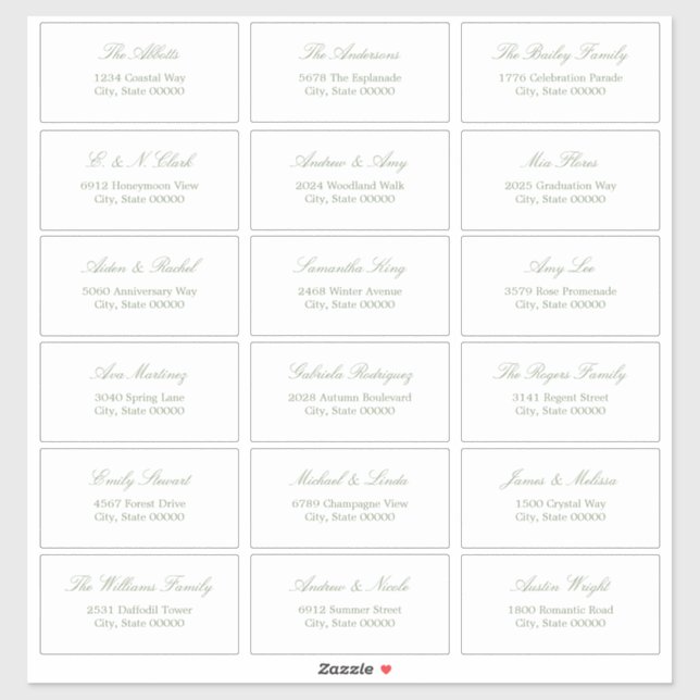 Sage Green Script 18 Étiquettes de adresse invités (Feuille)