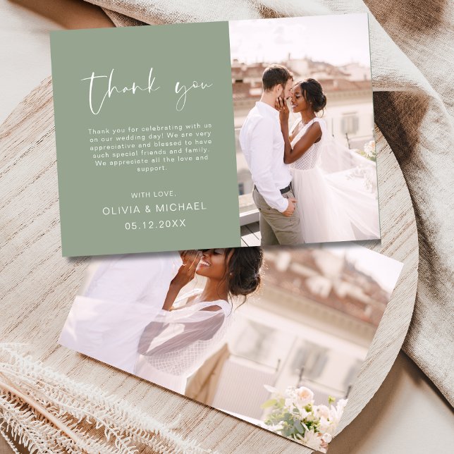 Sage Green Script Foto Hochzeit Danke Karte (Von Creator hochgeladen)