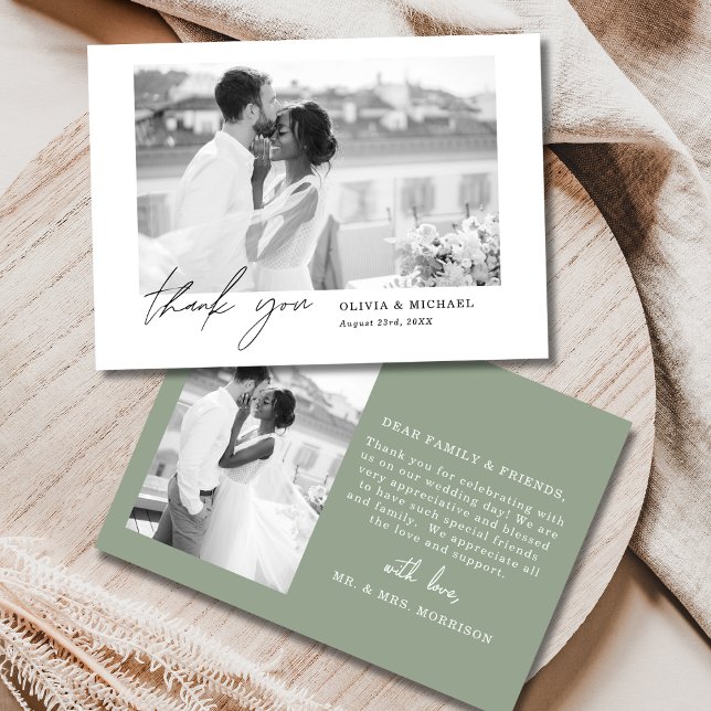Sage Green Script Foto Hochzeit Danke Karte (Von Creator hochgeladen)