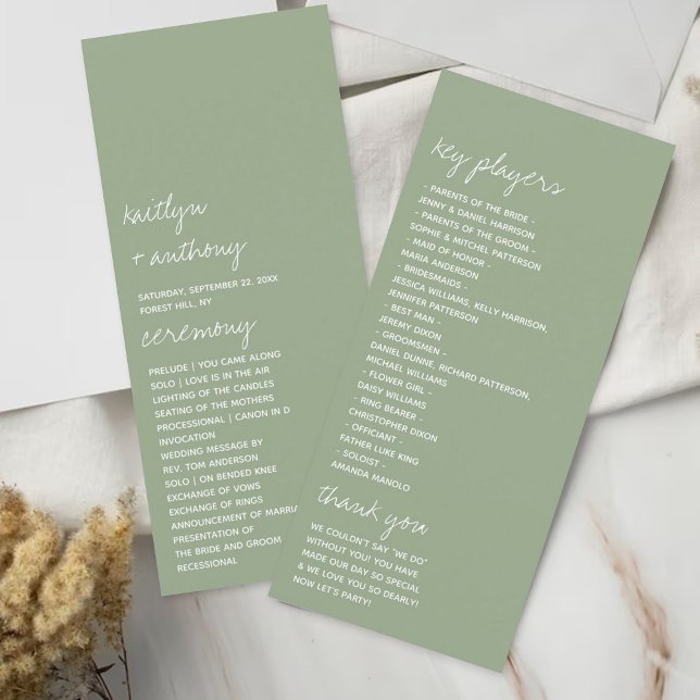 Sage Green Script Minimalistisches Hochzeitsprogra Werbekarte (Von Creator hochgeladen)