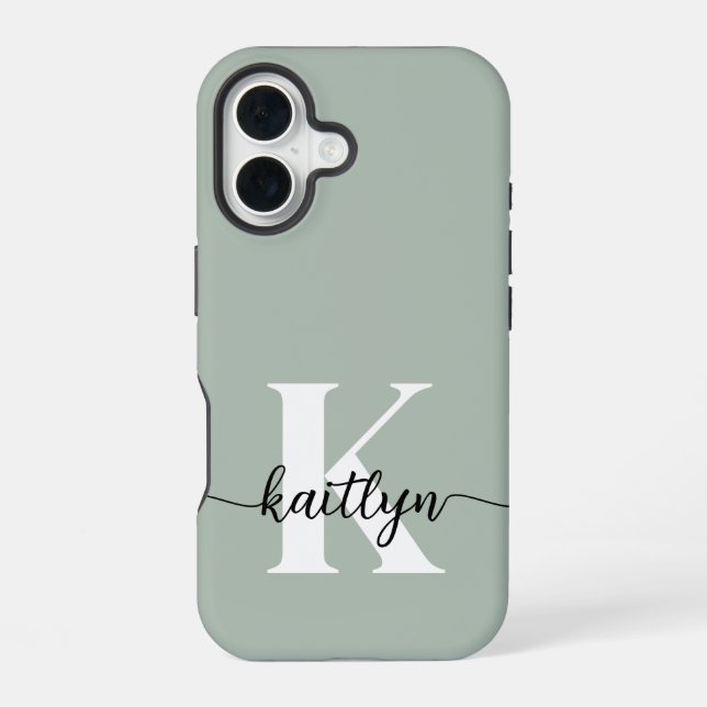 Sage Green Script Monogram iPhone 16 Hülle (Rückseite)