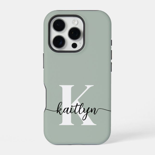 Sage Green Script Monogram iPhone 16 Pro Hülle (Rückseite)