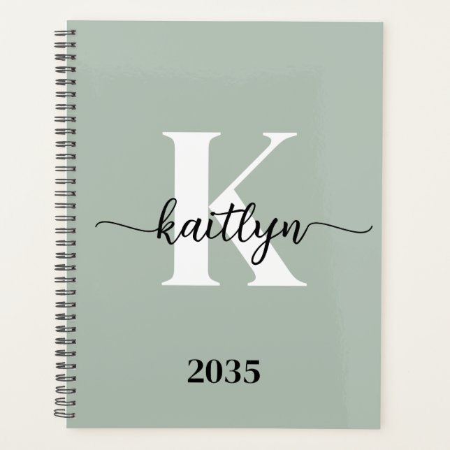 Sage Green Script Monogram Planer (Vorderseite)